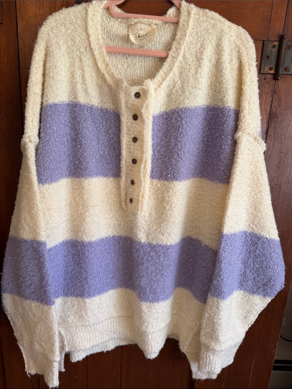 Fantastic Fawn Cream and Lavender Bouclé Henley Sweater